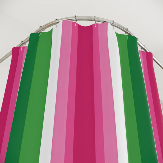 Pink and Green Vertical Stripe Shower Curtain | Bold Candy Stripe Bathroom