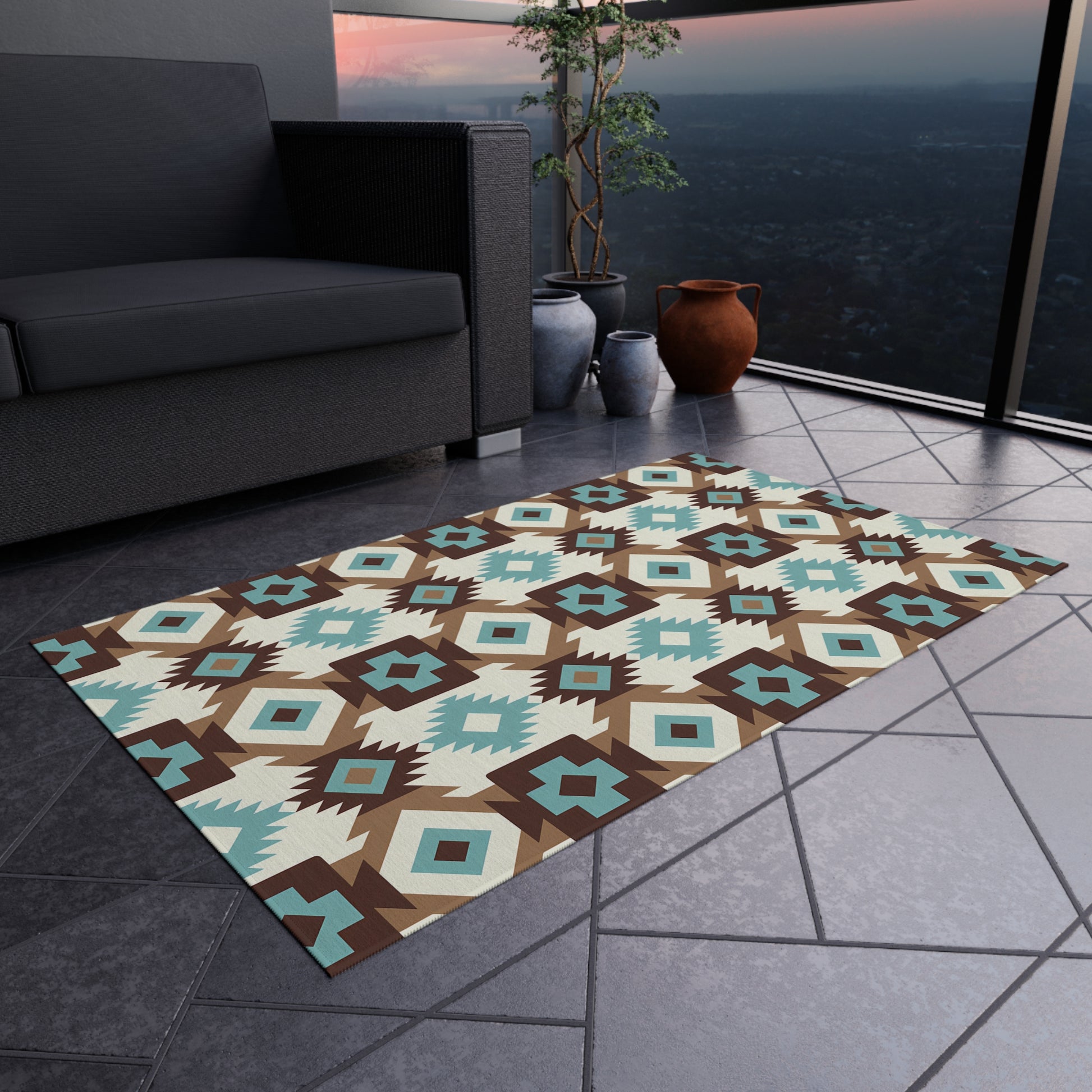 Turquoise, brown, white Stylish Outdoor/Indoor Rug for Patios, Bohemian Decor, Modern Outdoor Living, Picnic Essentials, Garden Party Decor - LOLA VEGAS ART