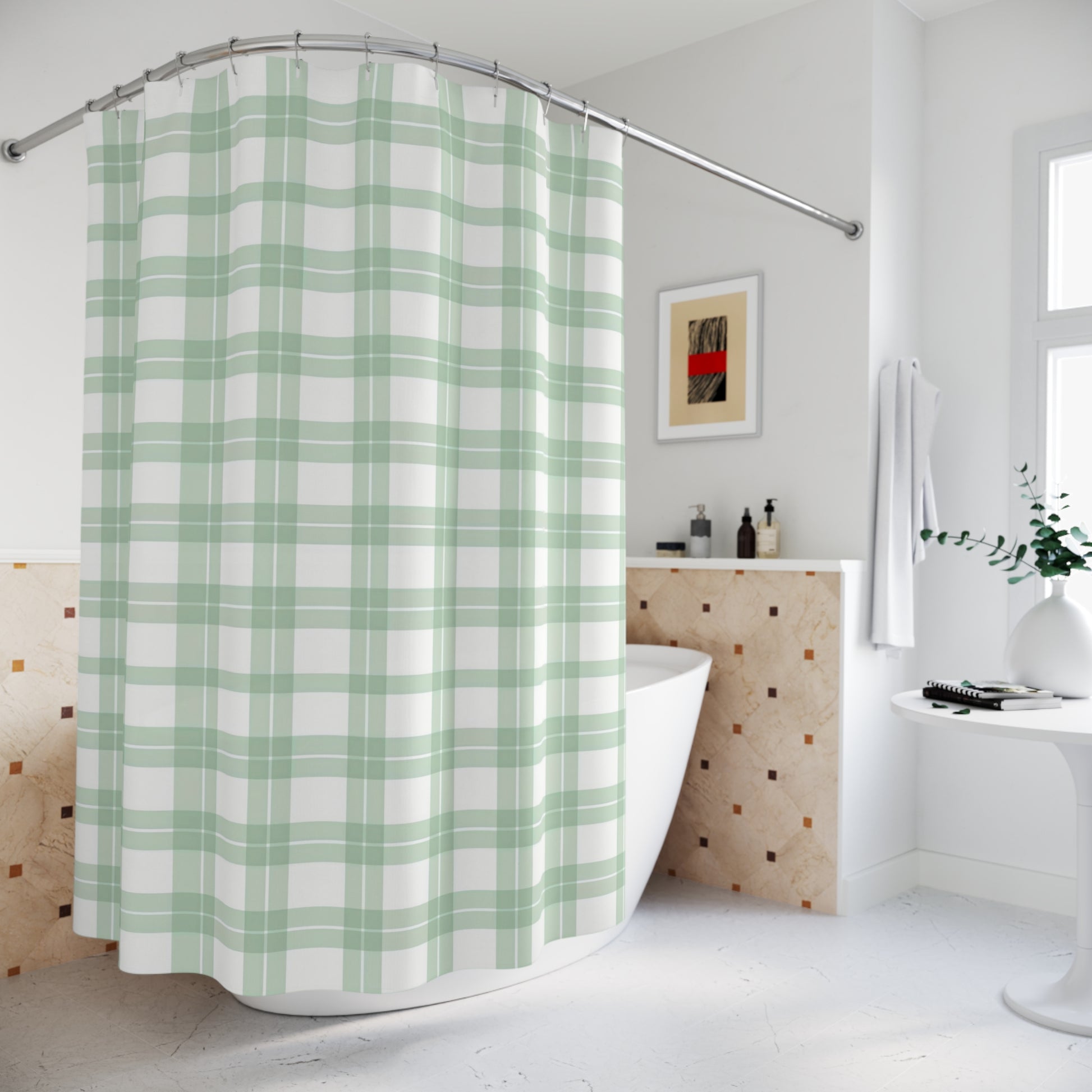 Chic Green Plaid Shower Curtain - Cozy Bathroom Decor, Farmhouse Style, Stylish Bath Accessories, Wedding Gift, Seasonal Home Update - LOLA VEGAS ART
