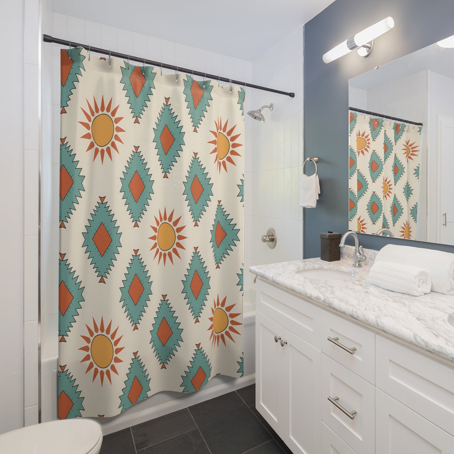 Boho Chic Shower Curtain - Art Deco Sun & Diamond Pattern, Bathroom Decor, Gift for Homeowners, Unique Gift, Bohemian Style - LOLA VEGAS ART