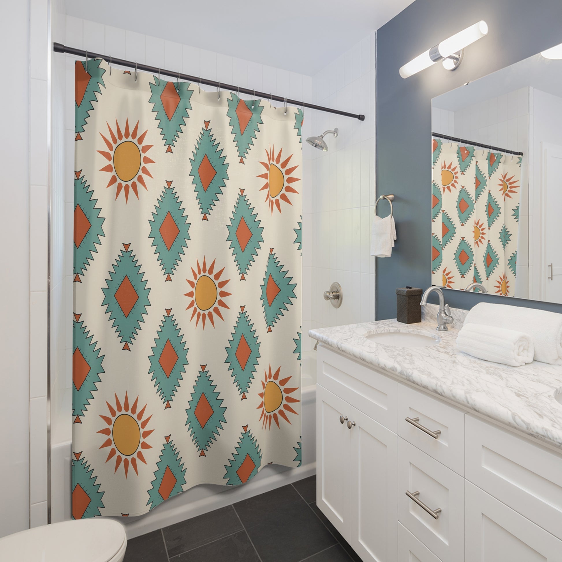 Boho Chic Shower Curtain - Art Deco Sun & Diamond Pattern, Bathroom Decor, Gift for Homeowners, Unique Gift, Bohemian Style - LOLA VEGAS ART