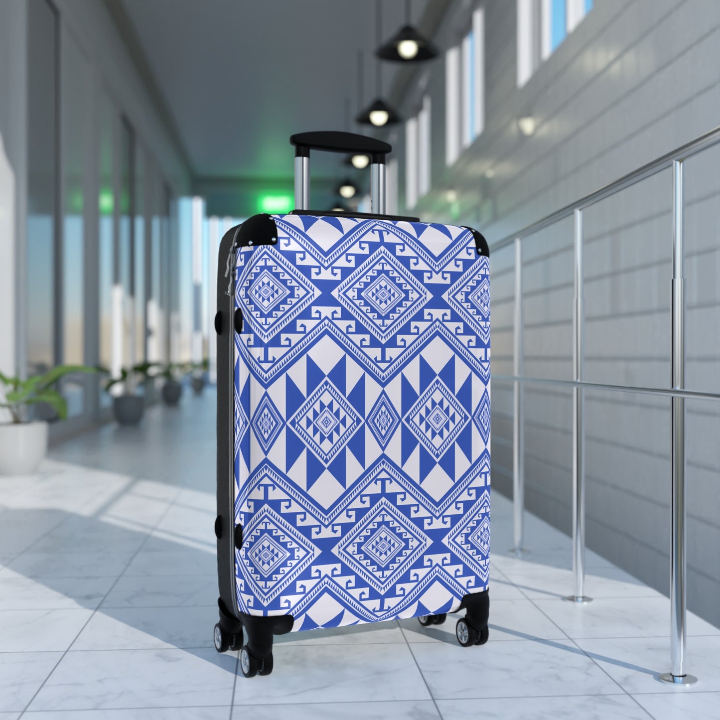 Stylish Suitcase with Blue Geometric Pattern, Travel Luggage, Trendy Carry-On, Vacation Gear, Fashionable Weekend Getaway - LOLA VEGAS ART