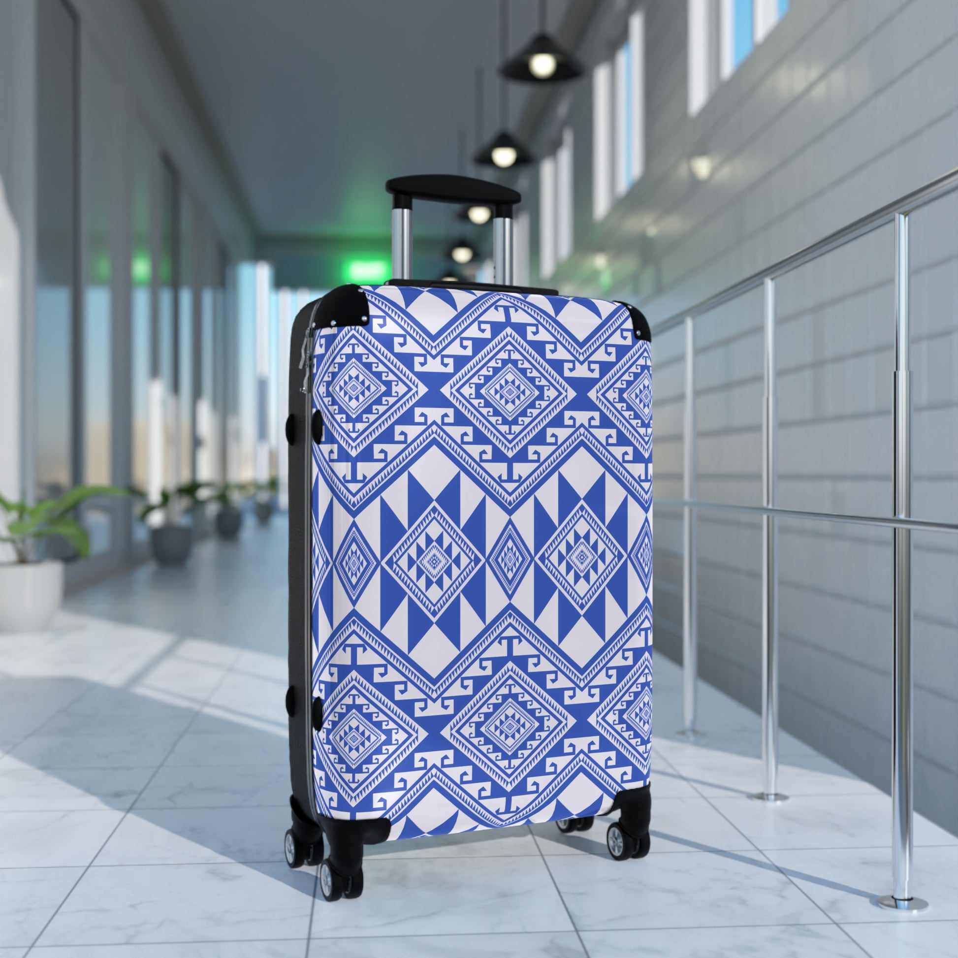 Stylish Suitcase with Blue Geometric Pattern, Travel Luggage, Trendy Carry-On, Vacation Gear, Fashionable Weekend Getaway - LOLA VEGAS ART