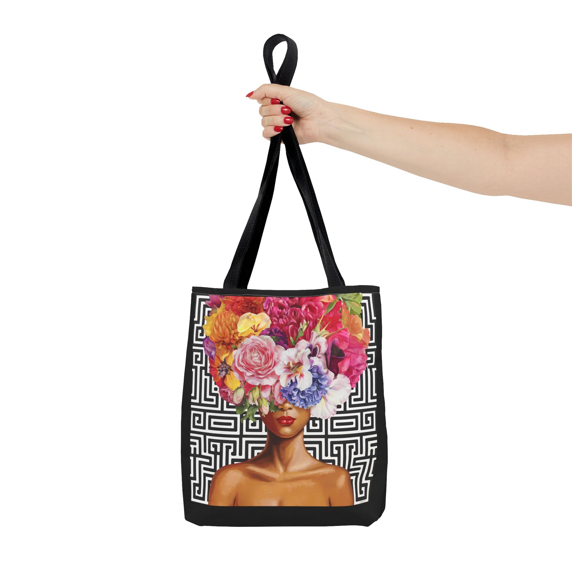 Bohemian Floral Tote Bag, Eco-Friendly Bag, Shopping Tote, Beach Bag, Gift for Her, Summer Vibes, Woman With Flowers On Her Head - LOLA VEGAS ART