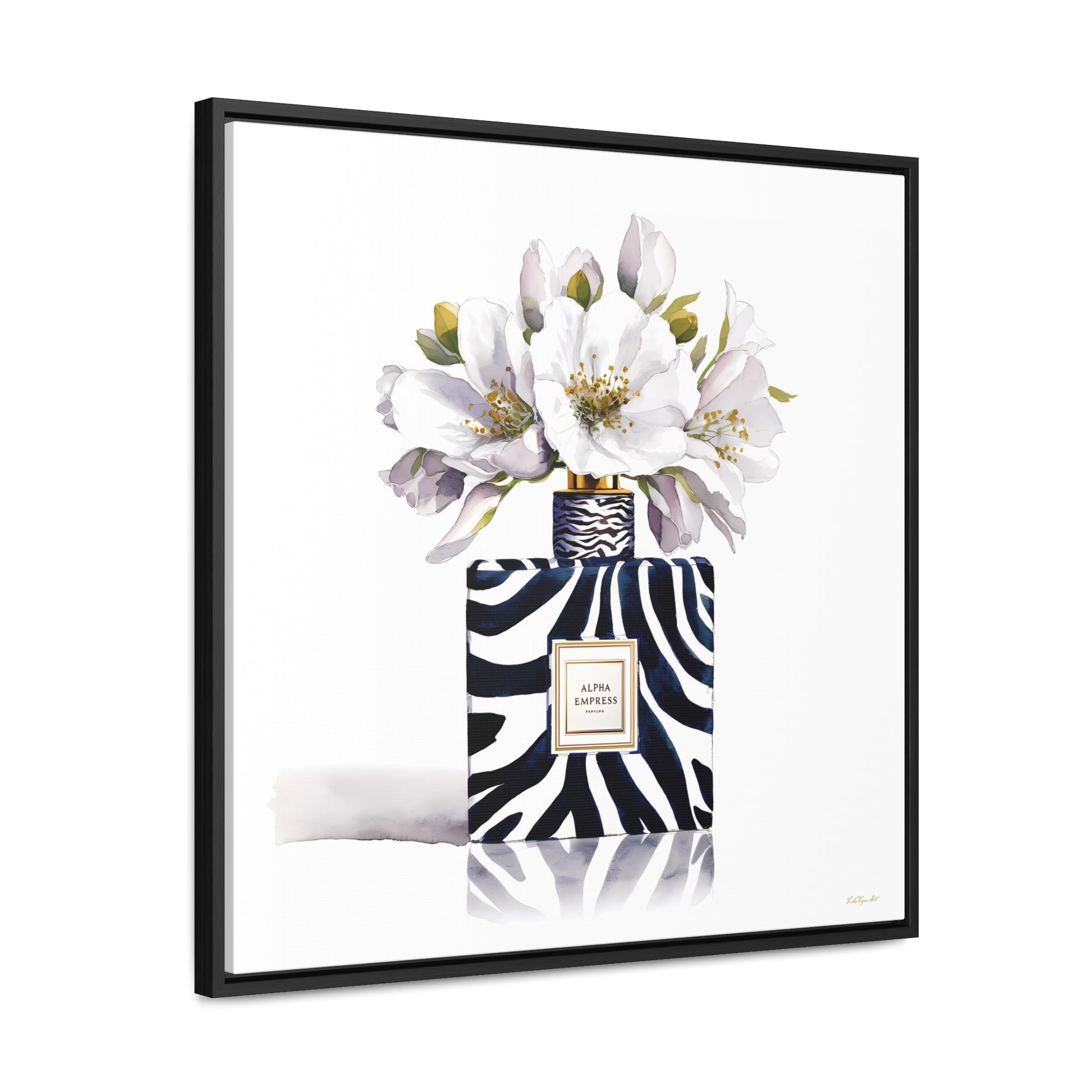 Framed Canvas Wall Art - Watercolor Zebra Perfume Bottle 'ALPHA EMPRESS' with White Flowers Print - LOLA VEGAS ART