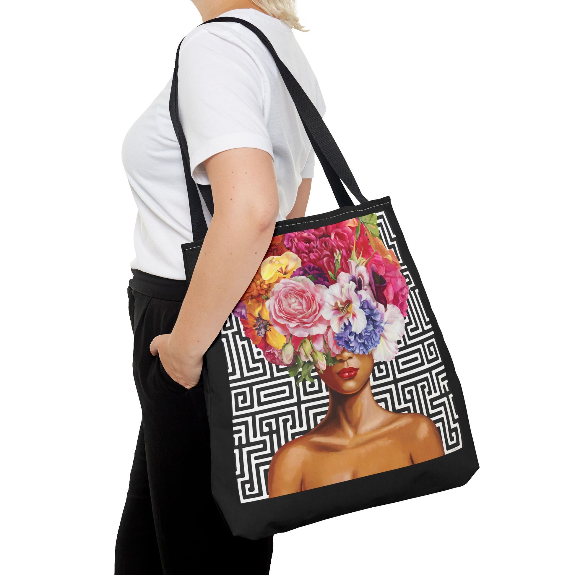 Bohemian Floral Tote Bag, Eco-Friendly Bag, Shopping Tote, Beach Bag, Gift for Her, Summer Vibes, Woman With Flowers On Her Head - LOLA VEGAS ART