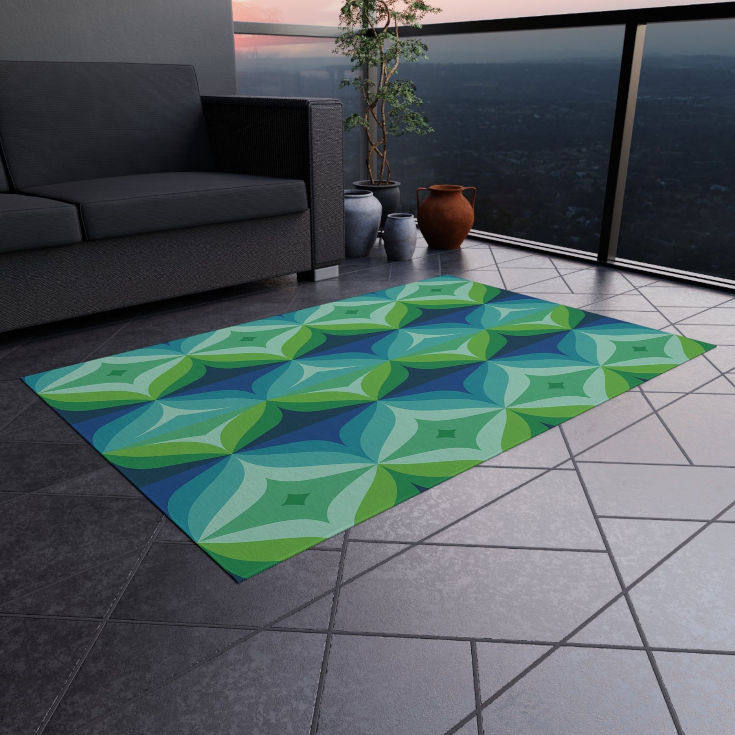 Geometric Leaf Pattern Outdoor/Indoor Rug | Blue Green Patio Mat