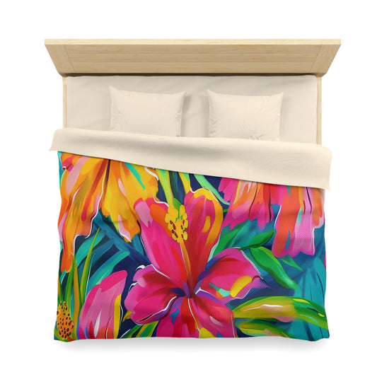 Tropical Floral Microfiber Duvet Cover - Vibrant Bedding, Boho Home Decor, Floral Print Cover, Summer Vibes, Gift for Her, Pink and Green - LOLA VEGAS ART