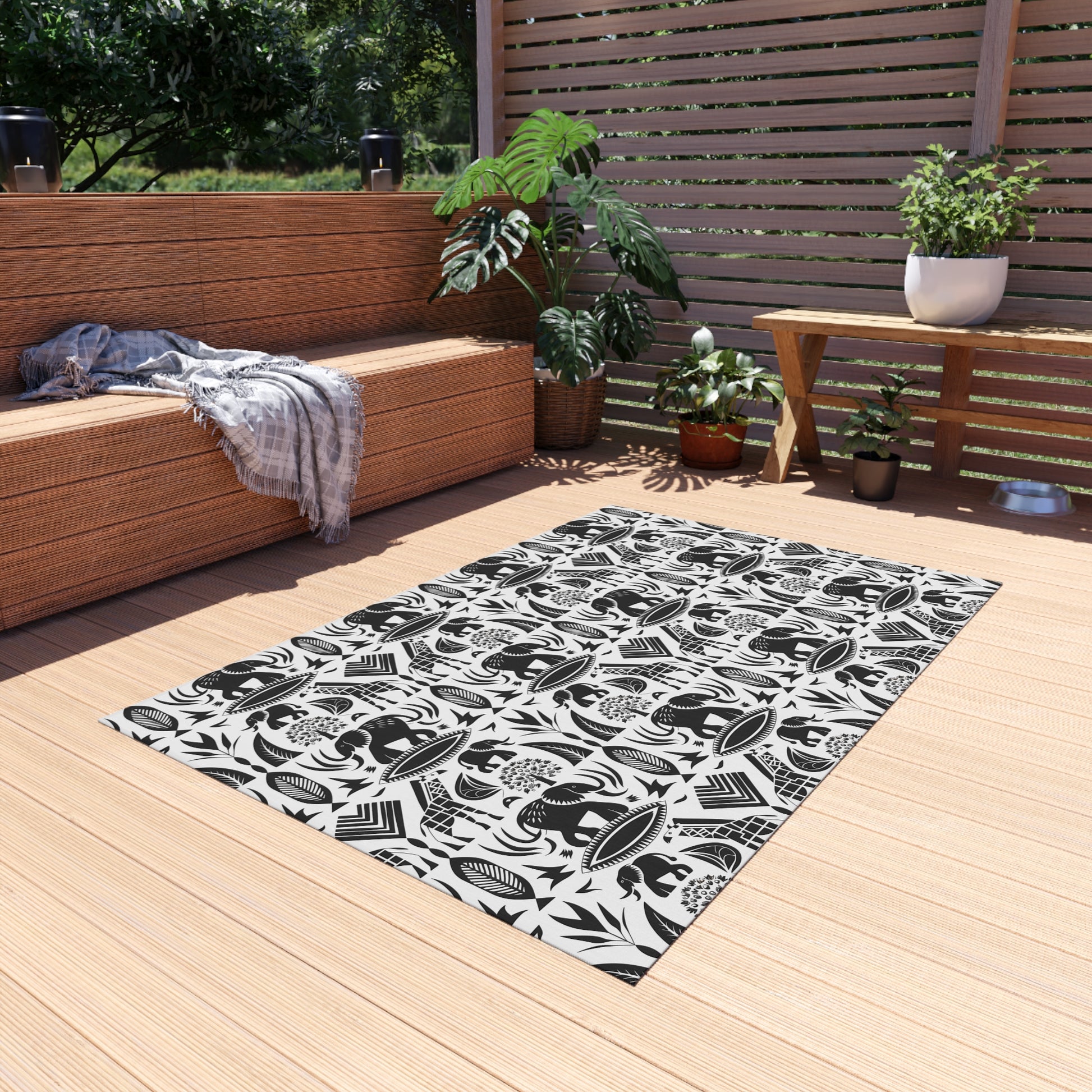 Black/White jungle Indoor/Outdoor Bohemian Rug, Stylish Patio Mat, Home Decor, Garden Area, Picnic Essentials, Unique Gift for Nature Lovers - LOLA VEGAS ART