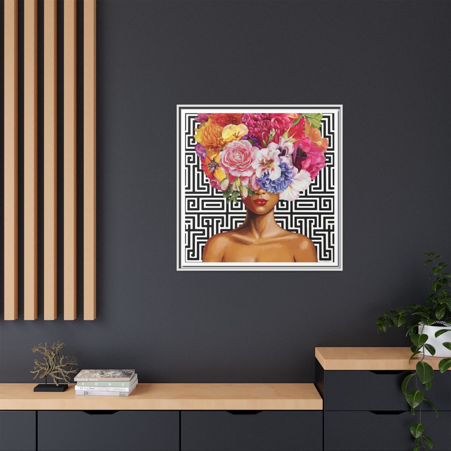 Framed Art Canvas: Vibrant Floral Portrait Decor, Boho Wall Art, Home Gallery, Gift for Her, Inspirational Art, Woman With Flower Head - LOLA VEGAS ART
