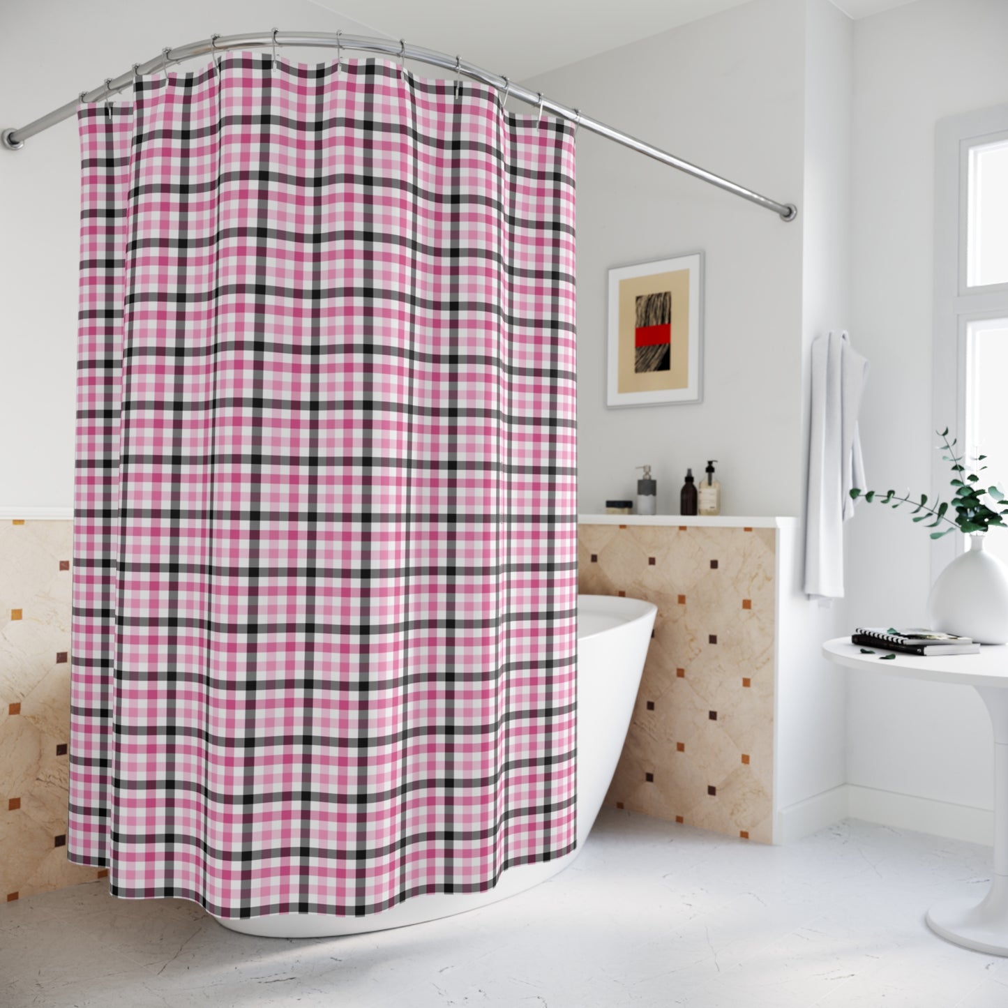 Chic Pink and Black Plaid Shower Curtain, Cozy Bathroom Decor, Farmhouse Style, Gift for Her, Holiday Decor, Cottage Core