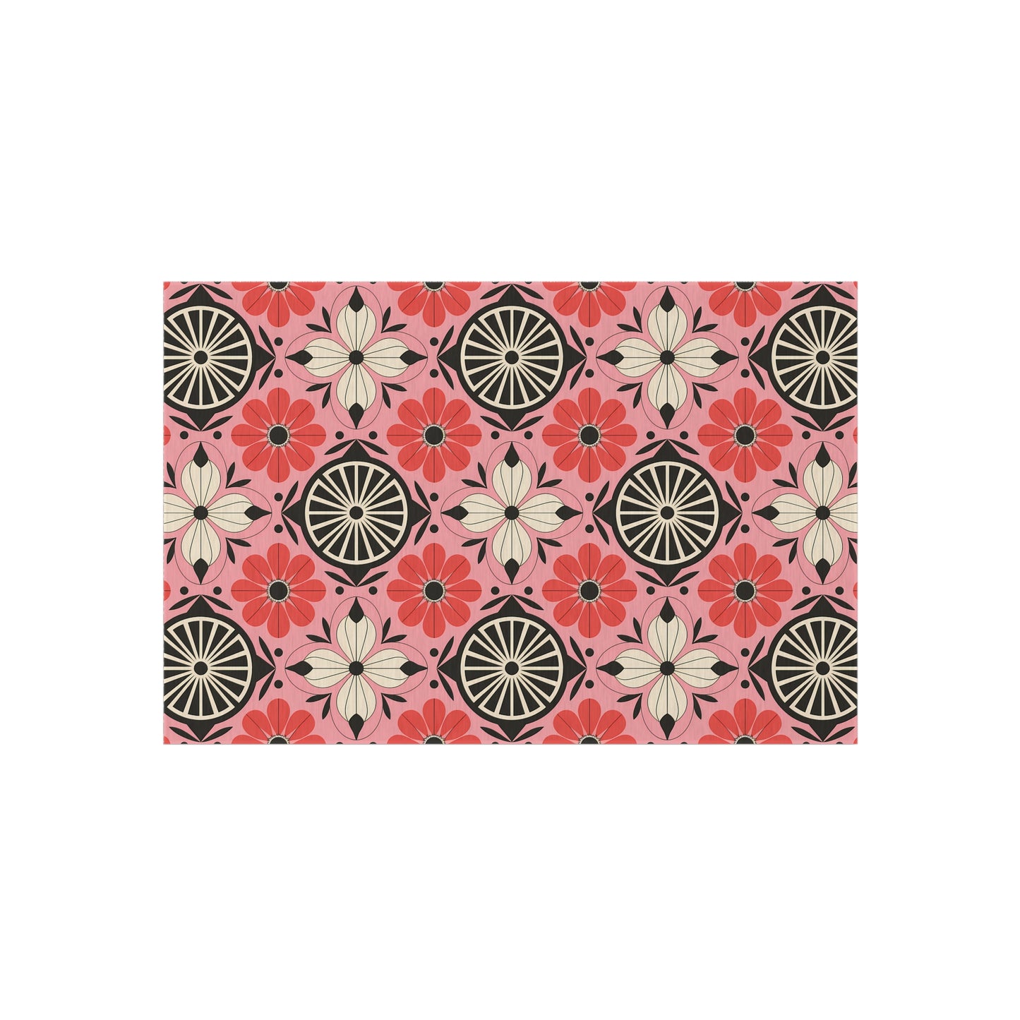 Pink, black and White Colorful Floral Outdoor/Indoor Rug, Garden Decor, Patio Mat, Boho Style Area Carpet, Eco-Friendly Home Accent