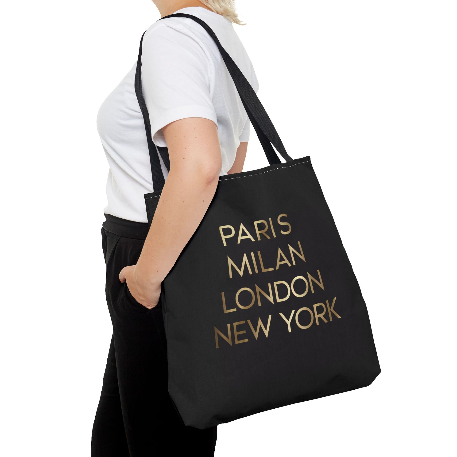Fashionista Style Black Tote Bag - Paris Milan London New York Gold Typography, Travel Accessory, City Names, Shopping Bag, Fashion Lover - LOLA VEGAS ART