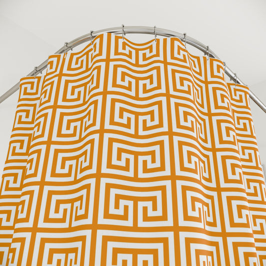 Greek Key Geometric Pattern Shower Curtain | Orange White Maze Tile