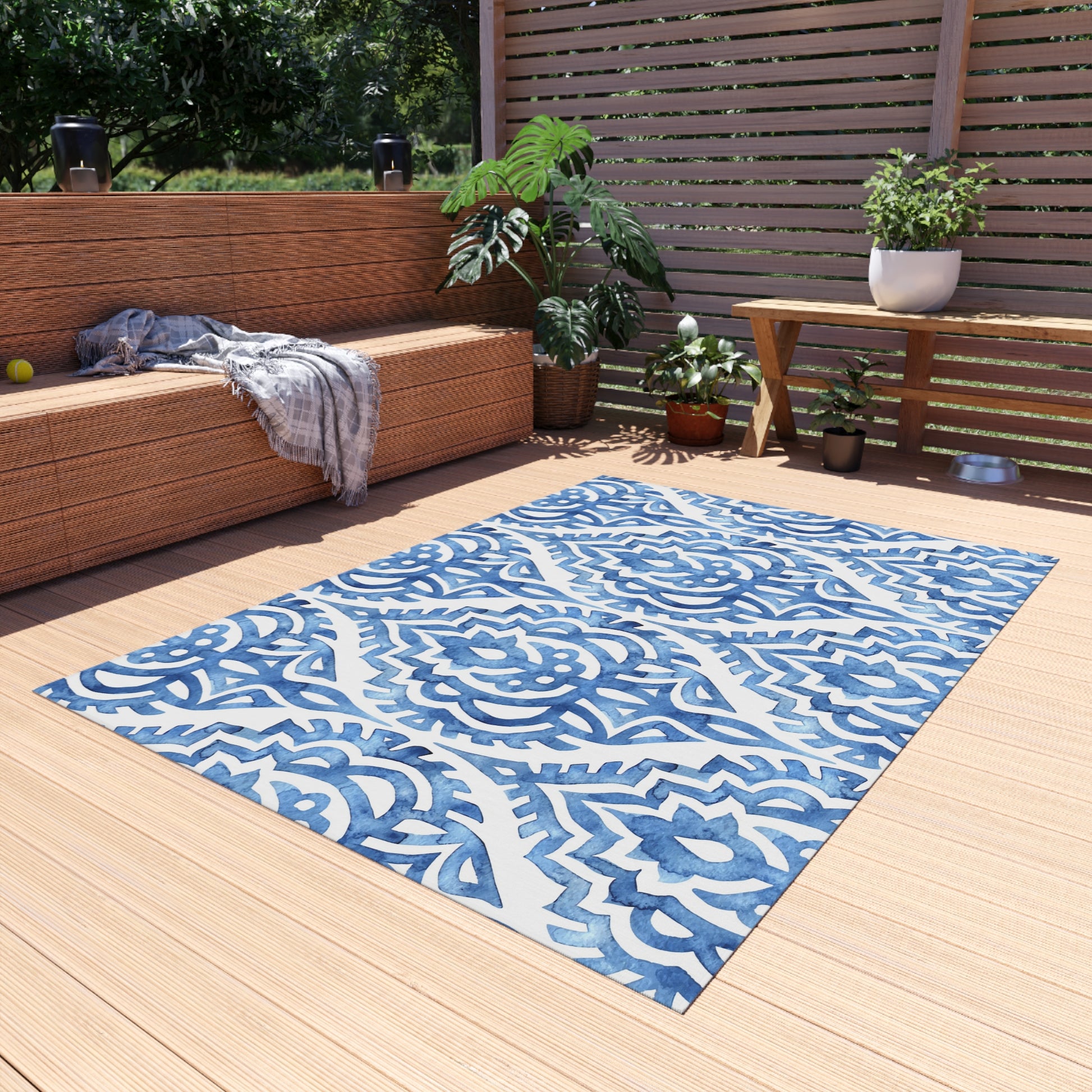 Outdoor/Indoor Rug in Elegant Blue Pattern, Patio Decor, Garden Style, Camping Accessory, Indoor/Outdoor Mat - LOLA VEGAS ART