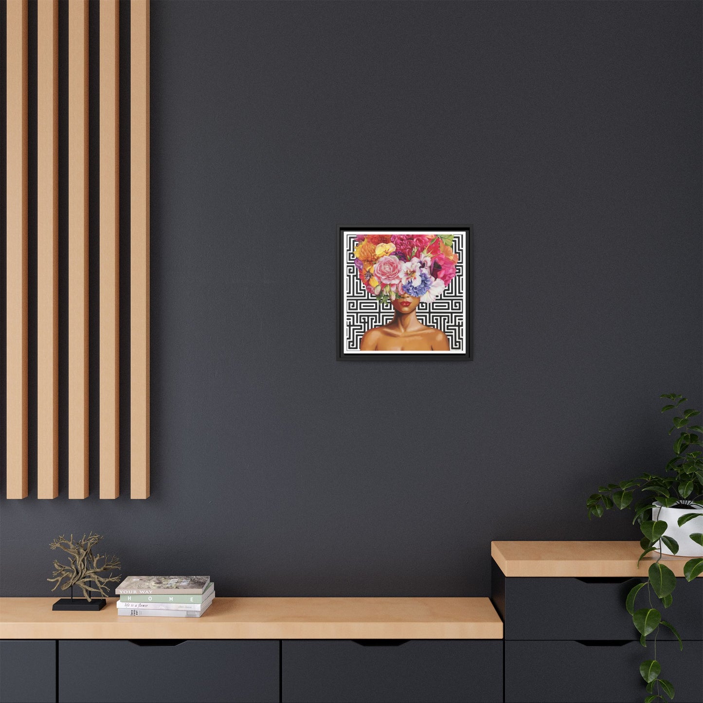 Framed Art Canvas: Vibrant Floral Portrait Decor, Boho Wall Art, Home Gallery, Gift for Her, Inspirational Art, Woman With Flower Head - LOLA VEGAS ART