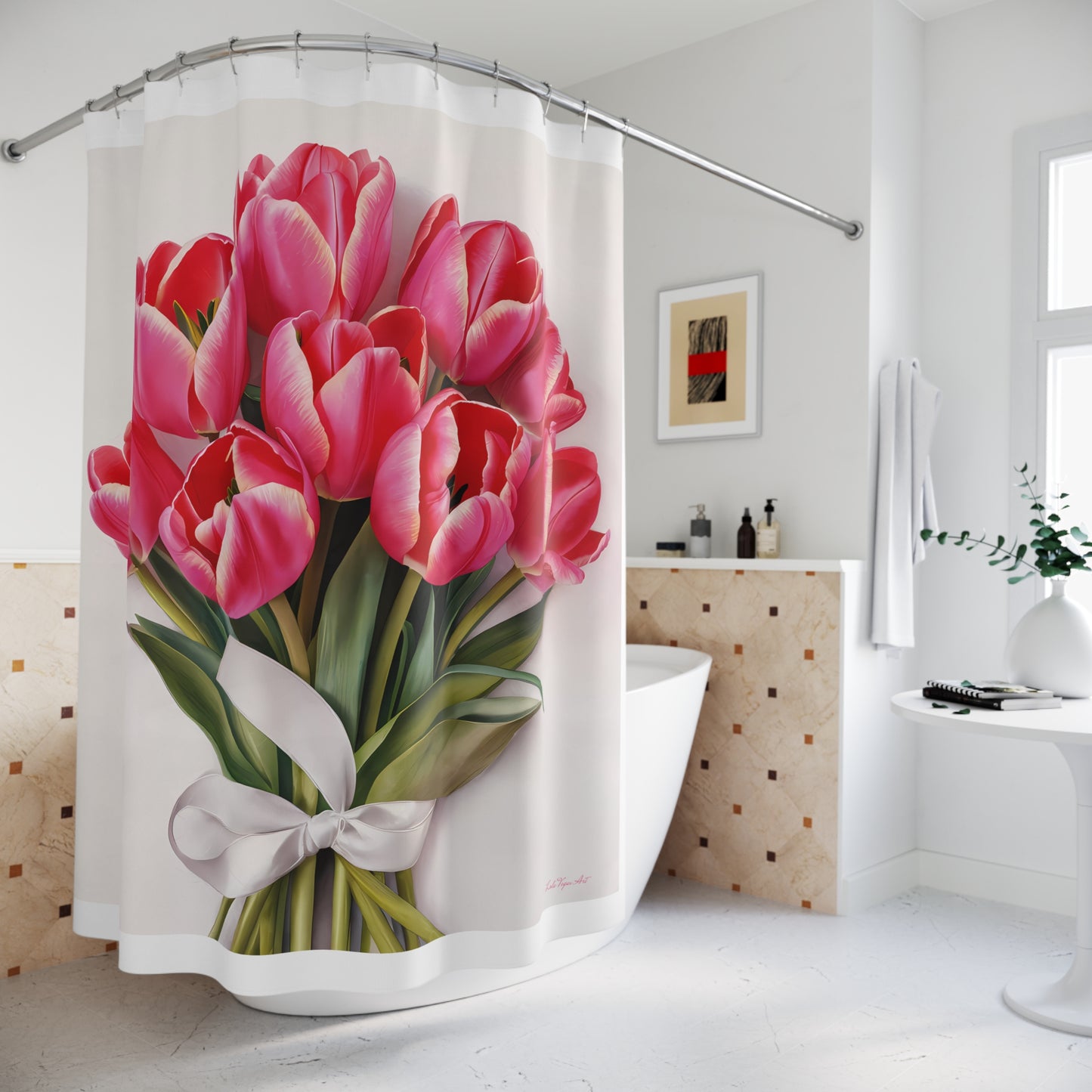 Pink Tulip Bouquet Shower Curtain - Feminine Farmhouse Bathroom Decor, Floral Bath Accessories, White Bathroom Curtain, Spring Flower Home - LOLA VEGAS ART
