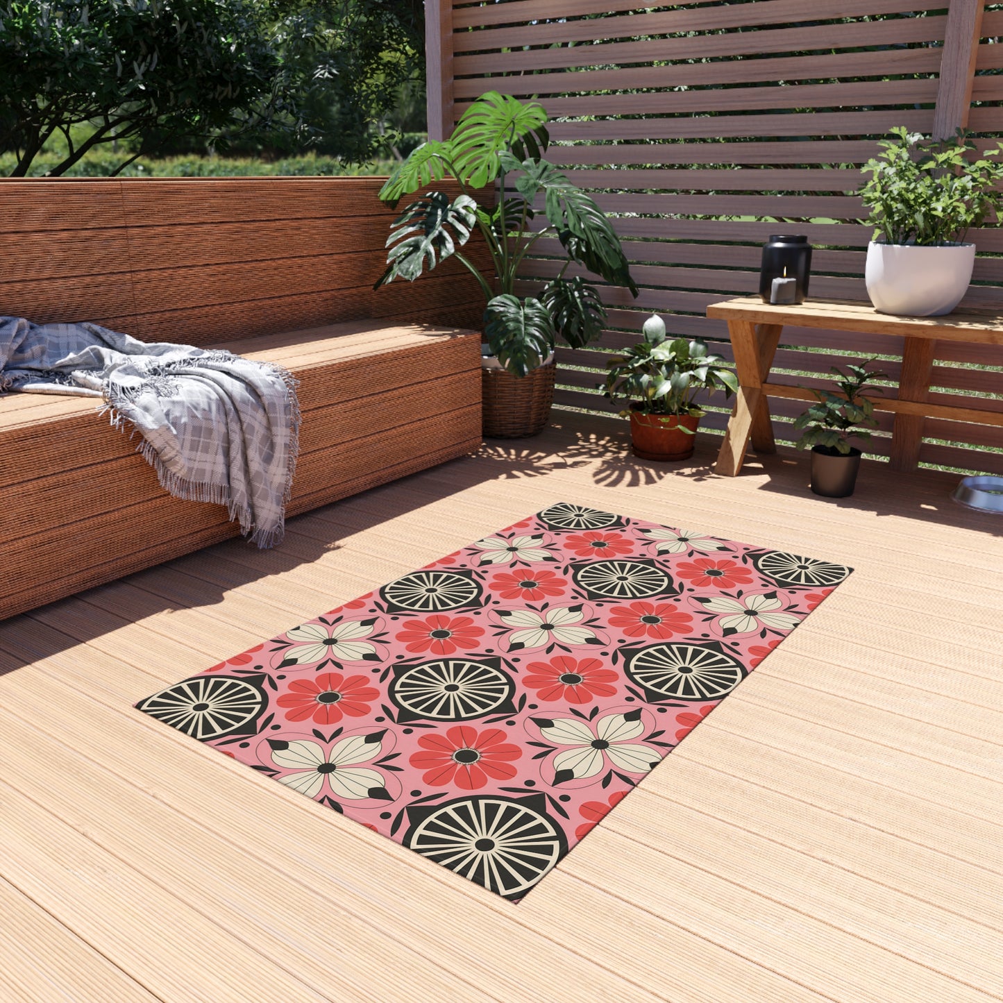 Pink, black and White Colorful Floral Outdoor/Indoor Rug, Garden Decor, Patio Mat, Boho Style Area Carpet, Eco-Friendly Home Accent
