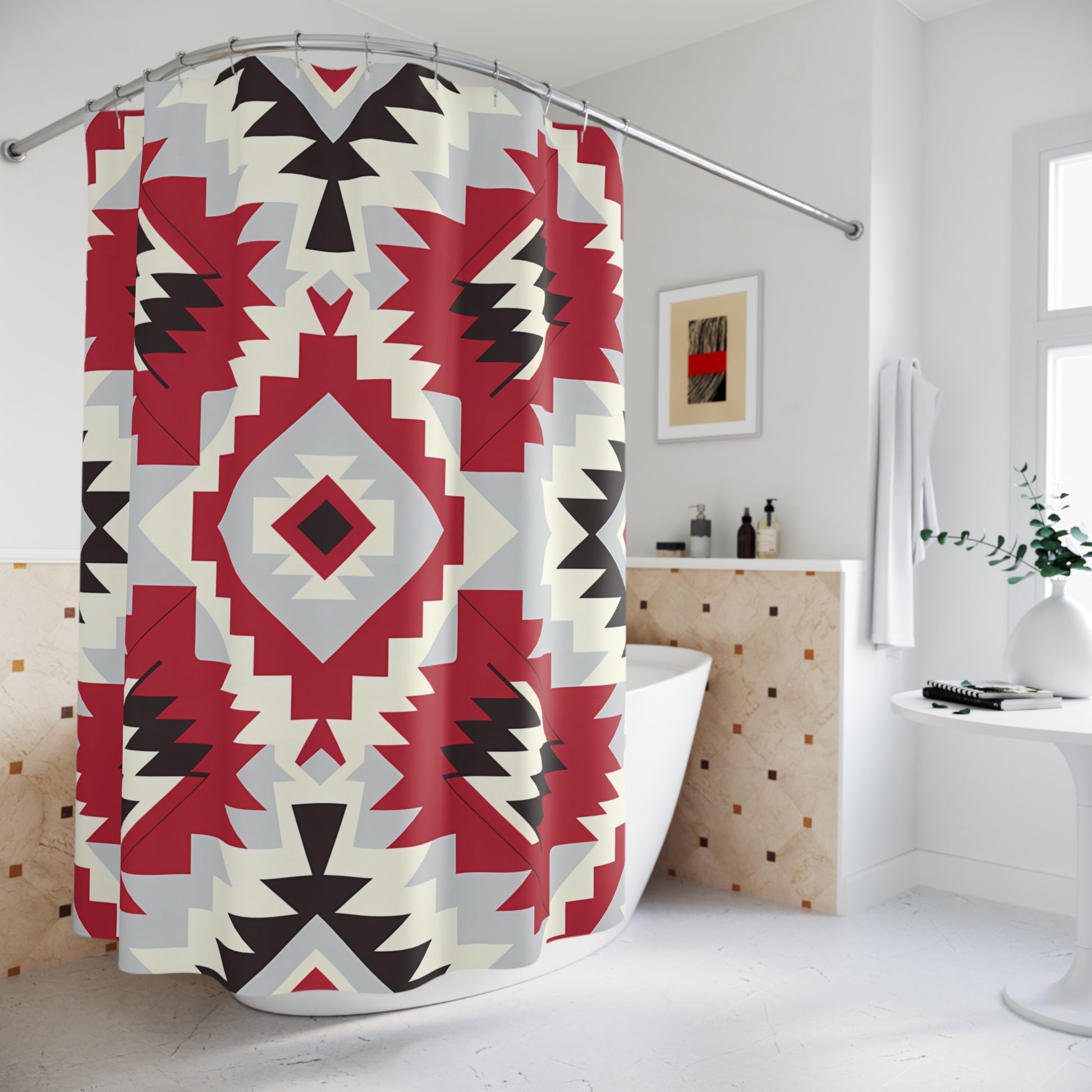 Boho Chic Shower Curtains, Tribal Pattern Bathroom Decor, Modern Native American Style, Red Gray Shower Decor, Unique Gift Ideas - LOLA VEGAS ART