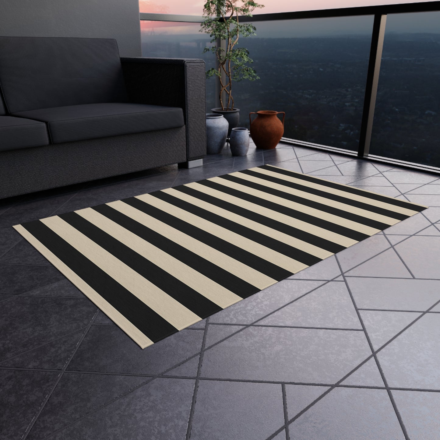 Black and Natural Striped Outdoor/Indoor Rug | Patio Floor Mat