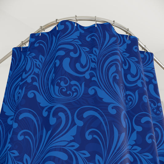 Blue Swirl Damask Shower Curtain | Floral Scroll Pattern, Baroque Bathroom Decor