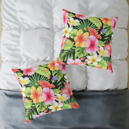 Tropical Pink Yellow Green Hibiscus Floral Square Pillow | Hawaiian Leaves Pattern