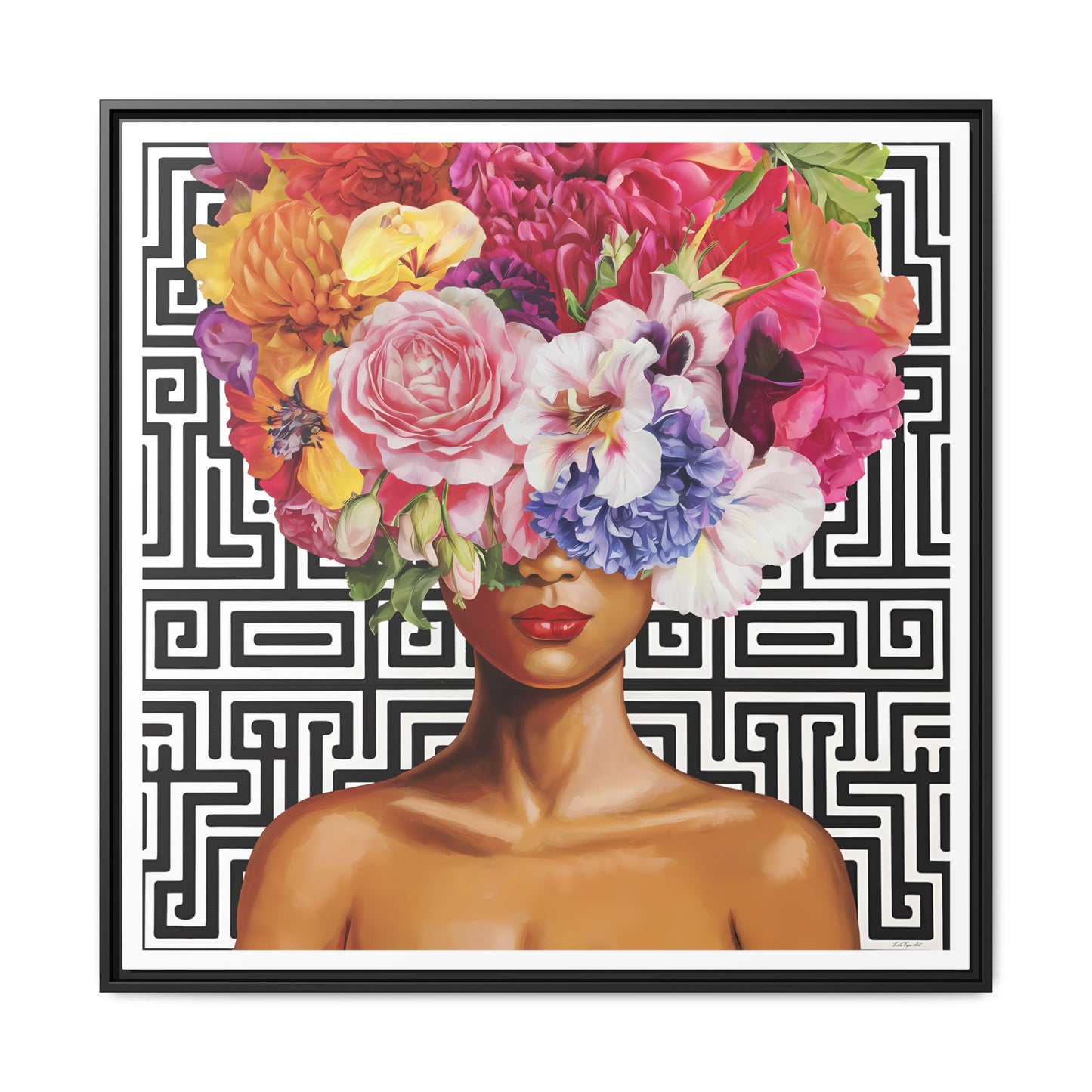 Framed Art Canvas: Vibrant Floral Portrait Decor, Boho Wall Art, Home Gallery, Gift for Her, Inspirational Art, Woman With Flower Head - LOLA VEGAS ART
