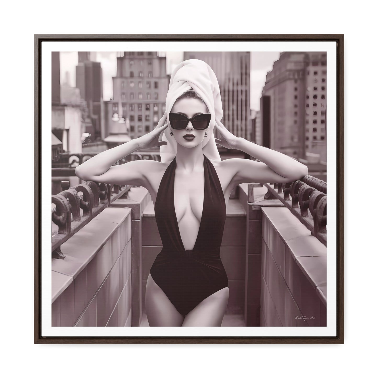 Fashion Model Sepia Art Canvas Wall Wrap, NYC Rooftop Glam Decor, Sexy Swimsuit Square Frame Art, Fashionista Wall Decor, City Chic Home - LOLA VEGAS ART