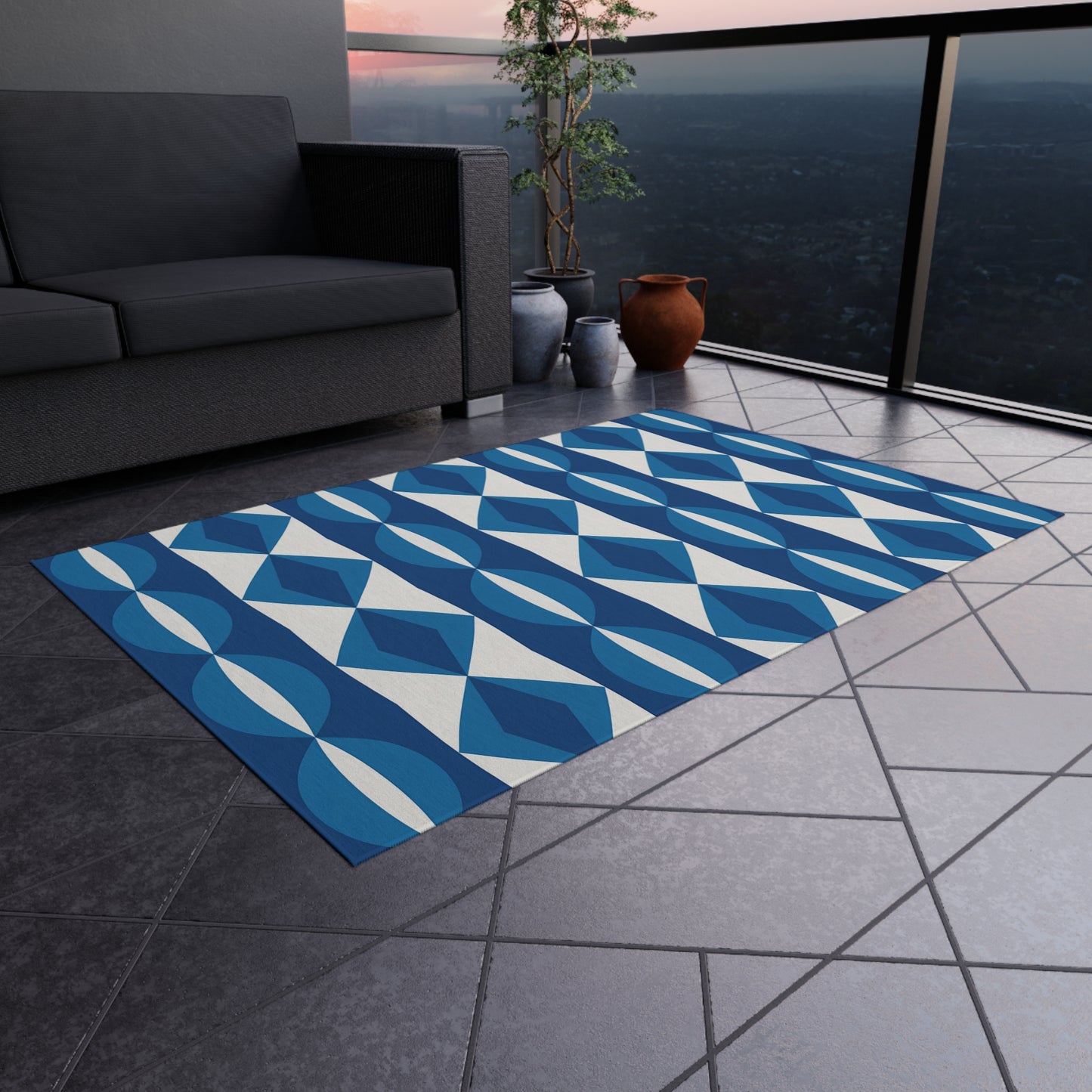 Blue White Geometric Pattern Outdoor Rug | Modern Diamond Stripe Patio Mat