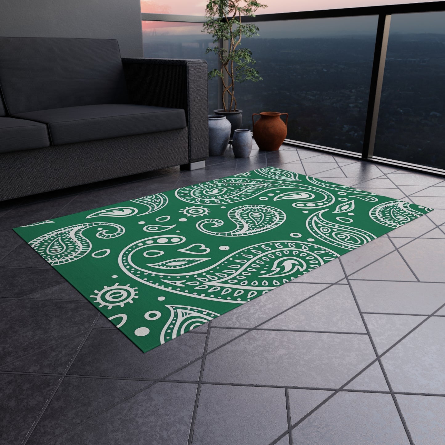 Green Paisley Pattern Outdoor/Indoor Rug | Waterproof Patio Mat