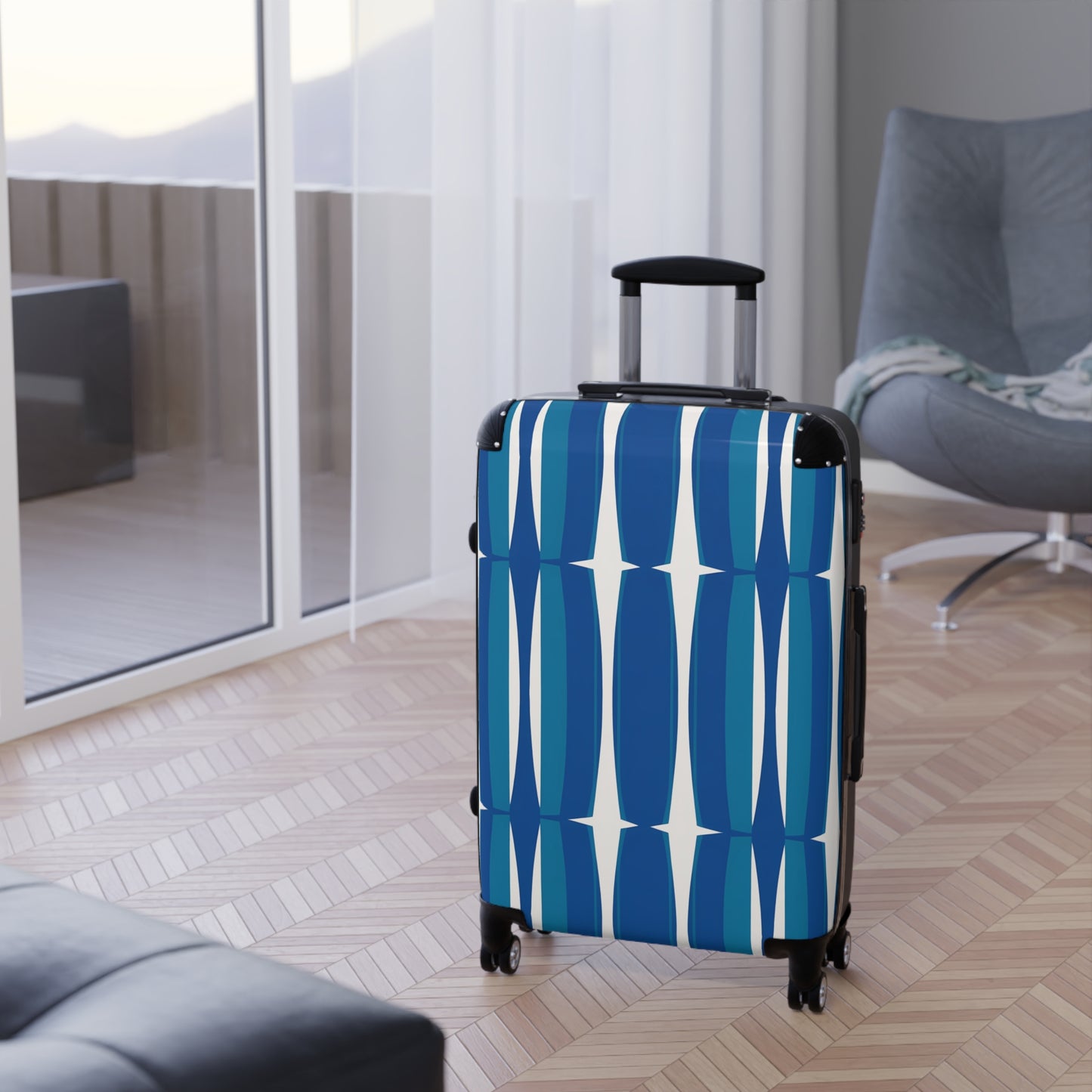 Blue Mid-Century Geometric Suitcase | Retro Stripe Luggage