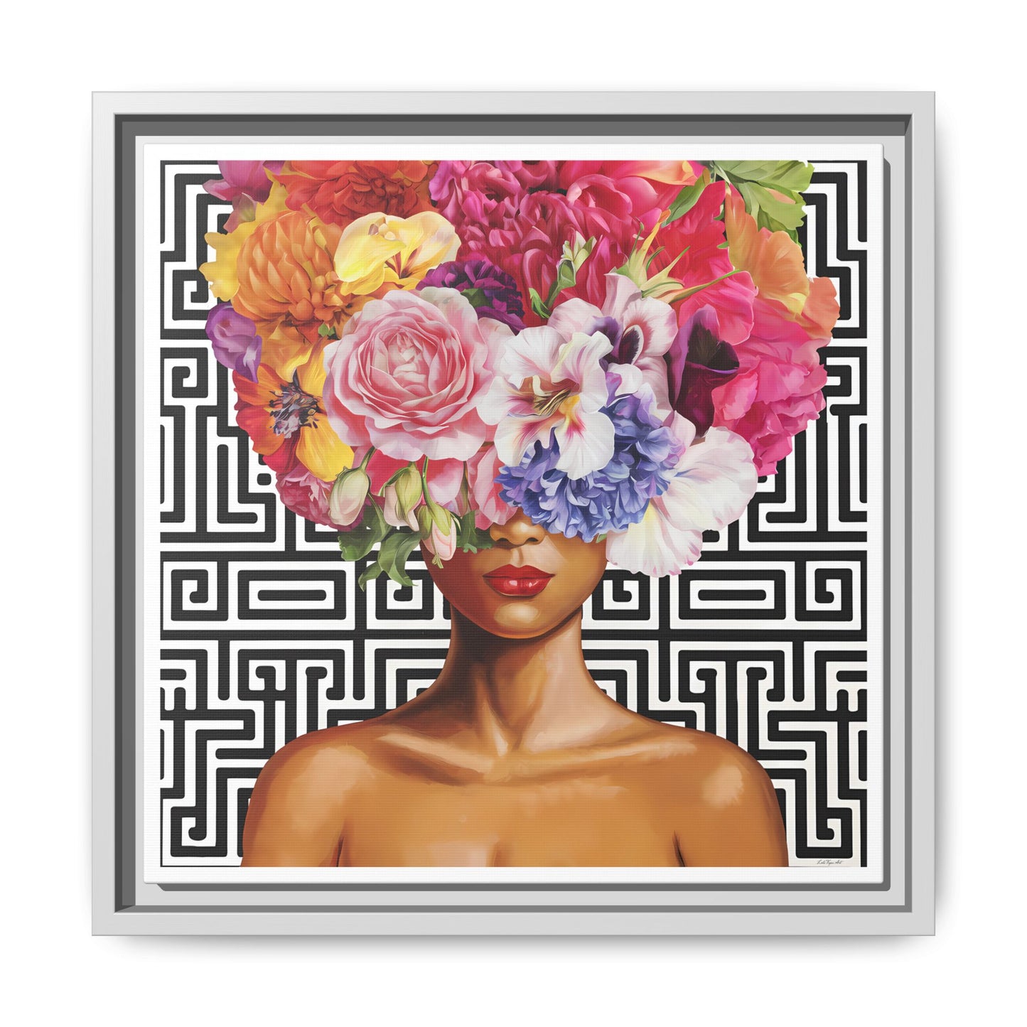 Framed Art Canvas: Vibrant Floral Portrait Decor, Boho Wall Art, Home Gallery, Gift for Her, Inspirational Art, Woman With Flower Head - LOLA VEGAS ART