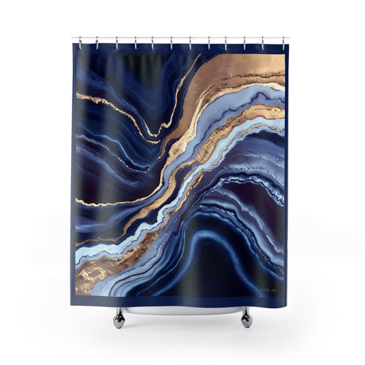 Geode Layers Shower Curtain, Blue Gold White Bathroom Decor, Unique Printed Bath Curtain, Luxury Spa Ornaments, Elegant Bathroom Accessories - LOLA VEGAS ART