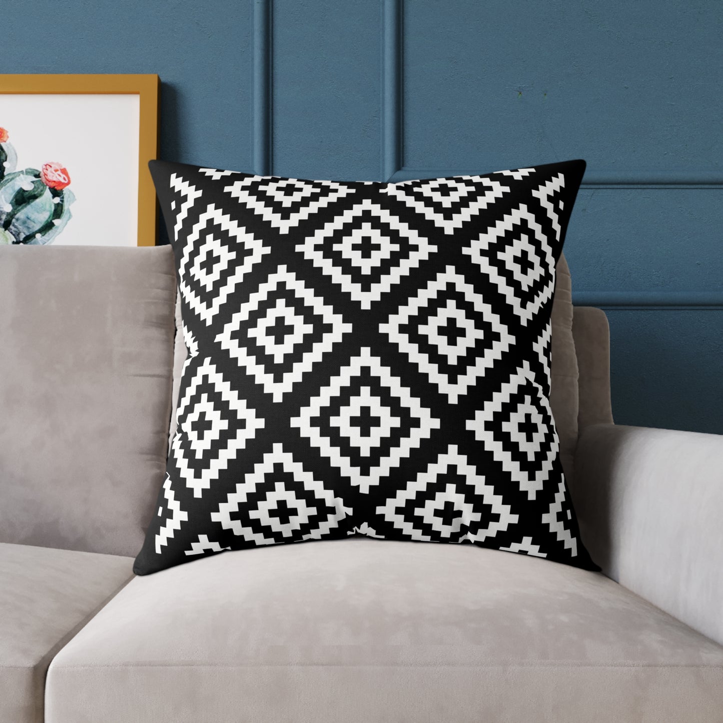 Black White Boho Native American Geometric Diamond Pattern Pillow | Square Poly Canvas Pillow