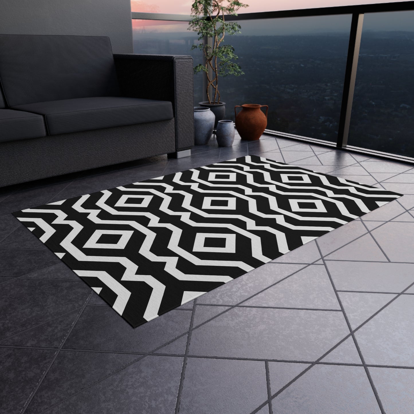 Geometric Black White Pattern Outdoor/Indoor Rug | Modern Patio Mat