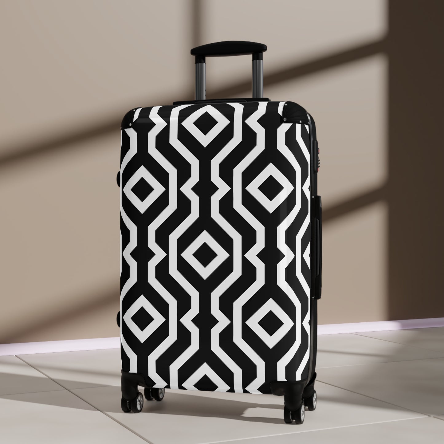 Black White Geometric Pattern Suitcase | Modern Diamond Luggage