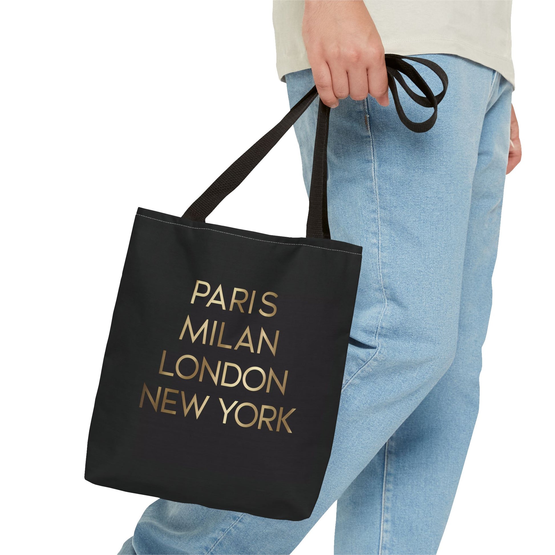 Fashionista Style Black Tote Bag - Paris Milan London New York Gold Typography, Travel Accessory, City Names, Shopping Bag, Fashion Lover - LOLA VEGAS ART