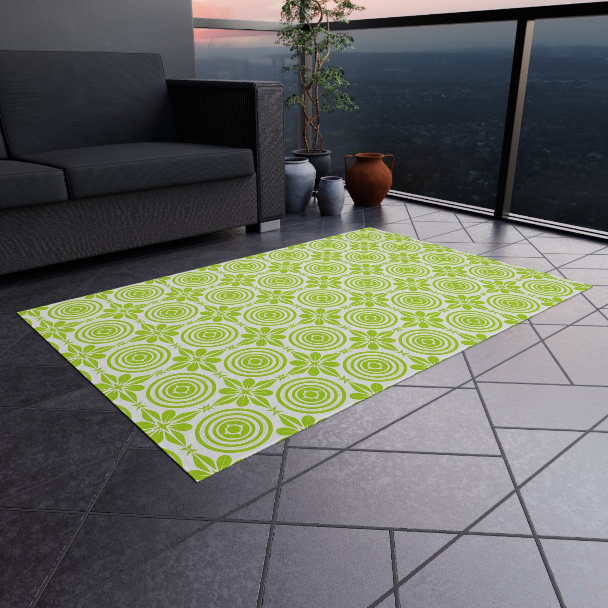 Vibrant Green and White Outdoor Rug, Decorative Patio Mat, Garden Floor Covering, Picnic Area Carpet, Stylish Outdoor Decor - LOLA VEGAS ART