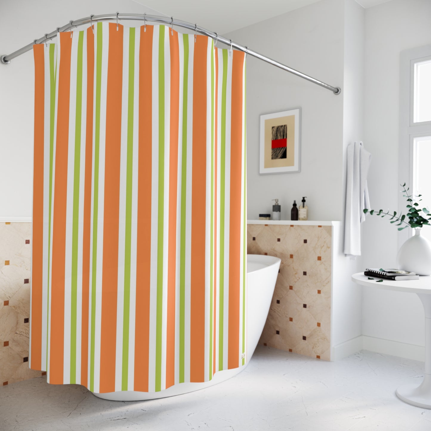 Orange Green Stripe Shower Curtain | Retro Vertical Stripes, Bathroom Decor