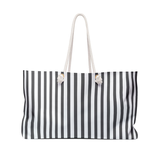 Dark Gray Stylish Striped Weekender Bag for Travel, Beach, Gym, Overnight, Eco-Friendly Tote, Coastal Bag, Preppy Tote Bag - LOLA VEGAS ART