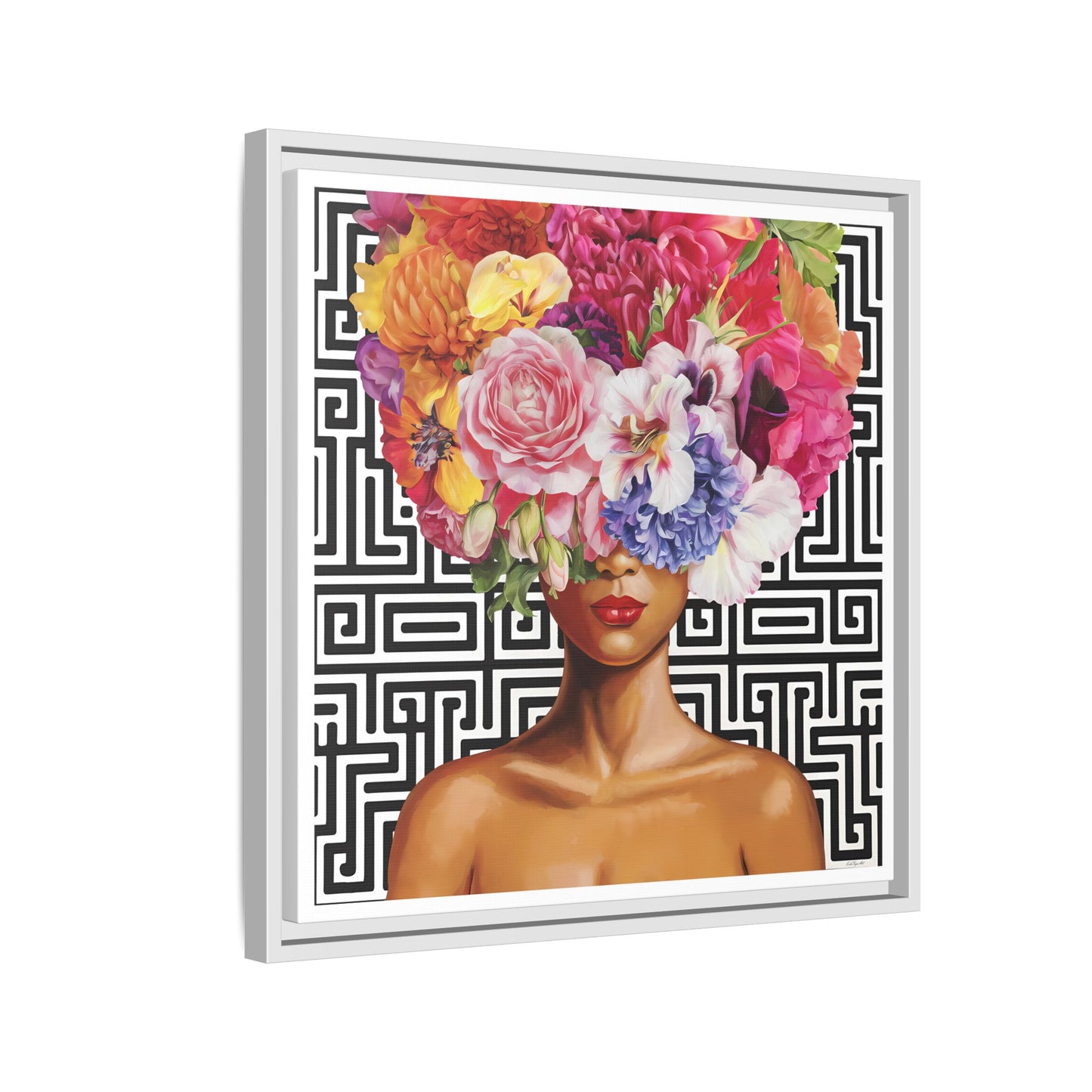 Framed Art Canvas: Vibrant Floral Portrait Decor, Boho Wall Art, Home Gallery, Gift for Her, Inspirational Art, Woman With Flower Head - LOLA VEGAS ART