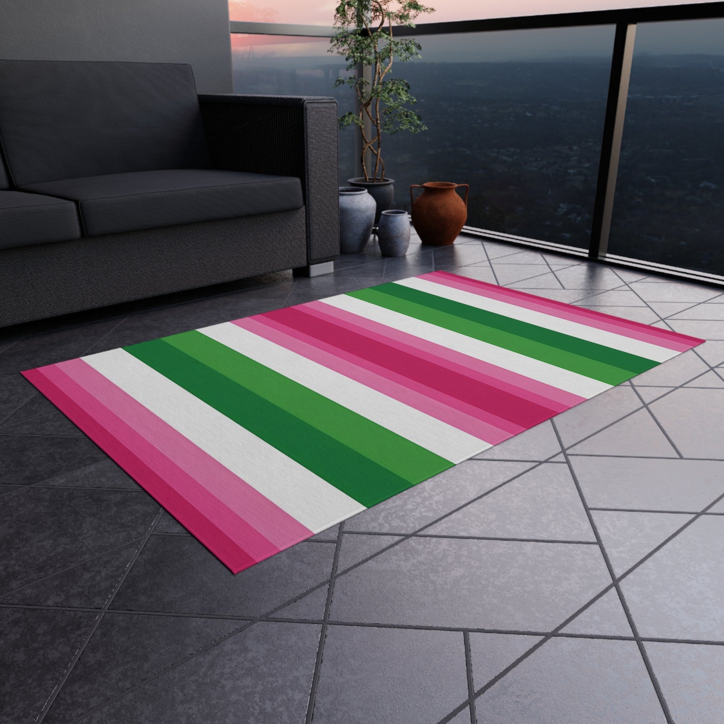 Pink Green Stripe Outdoor/IndoorRug | Striped Patio Mat