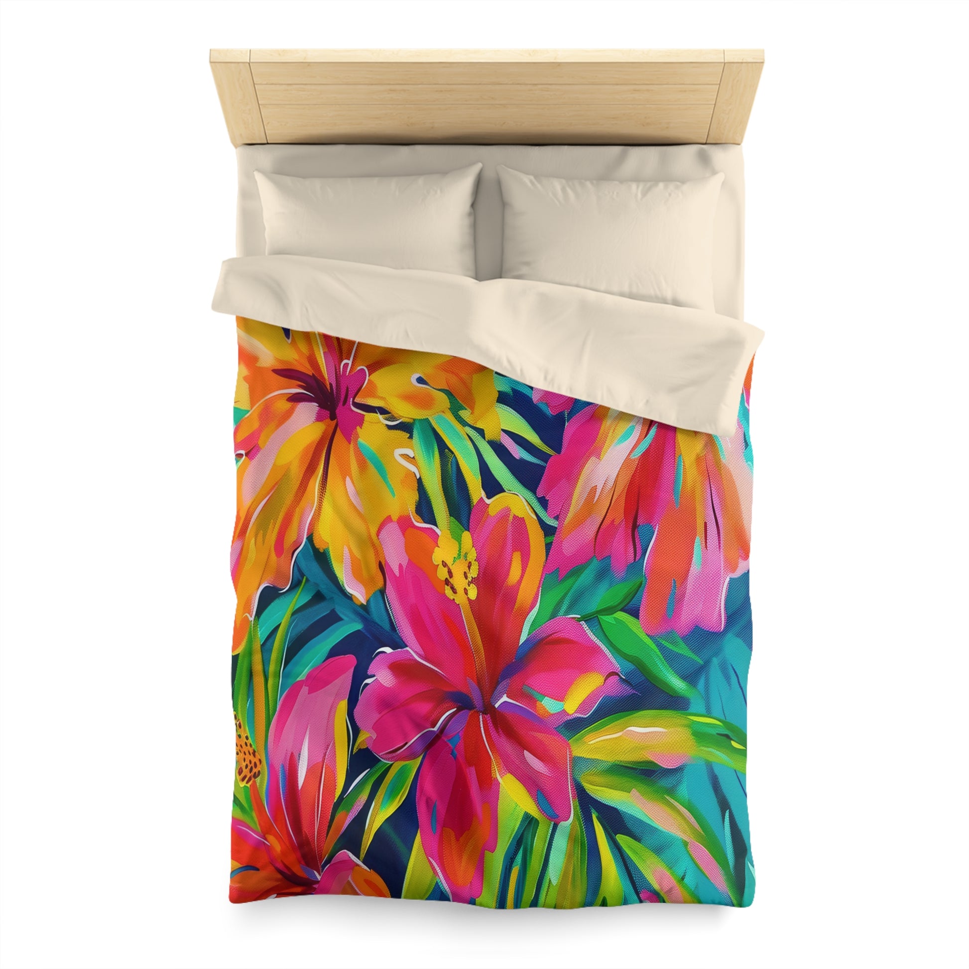 Tropical Floral Microfiber Duvet Cover - Vibrant Bedding, Boho Home Decor, Floral Print Cover, Summer Vibes, Gift for Her, Pink and Green - LOLA VEGAS ART