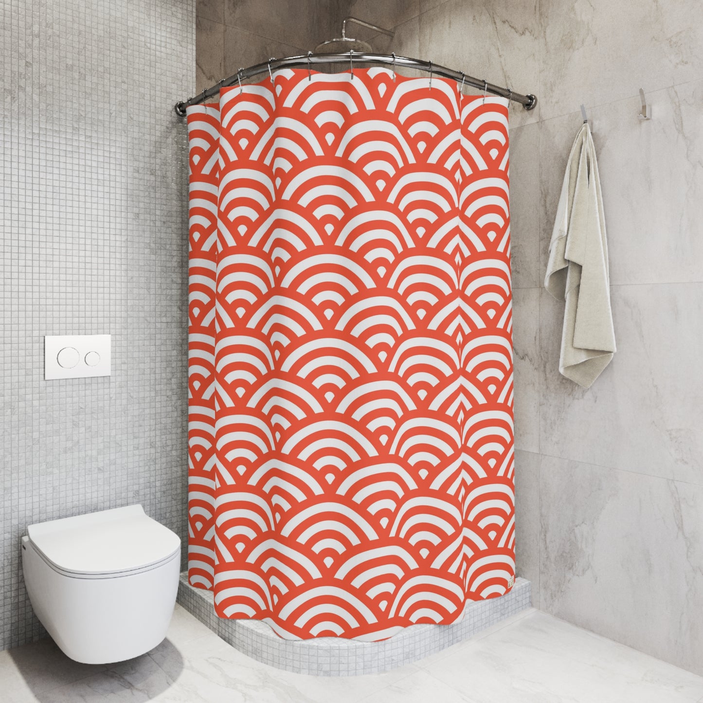 Orange Scallop Wave Pattern Shower Curtain | Japanese Seigaiha Style