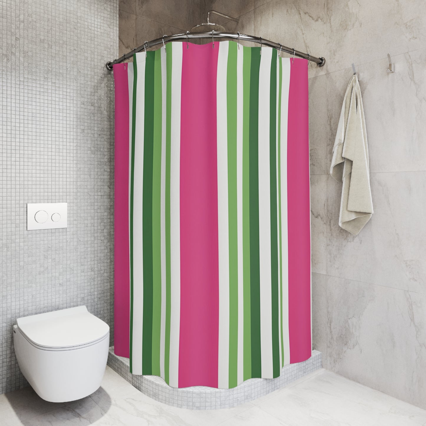 Pink and Green Striped Shower Curtain | Vertical Holiday Stripe Bathroom Decor