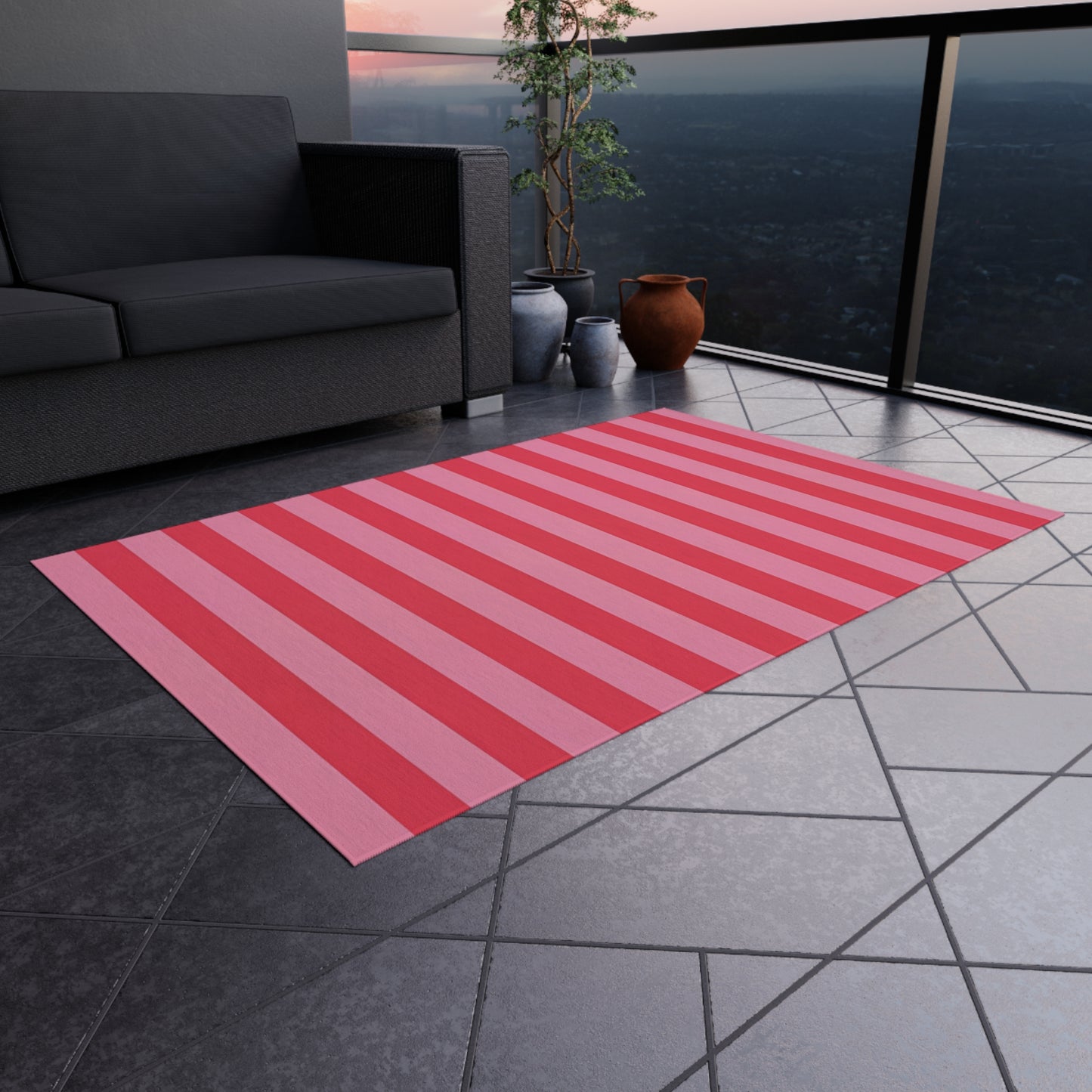 Light Pink and Watermelon Pink Stripe Outdoor Rug | Patio Mat, Water-Resistant Porch Rug
