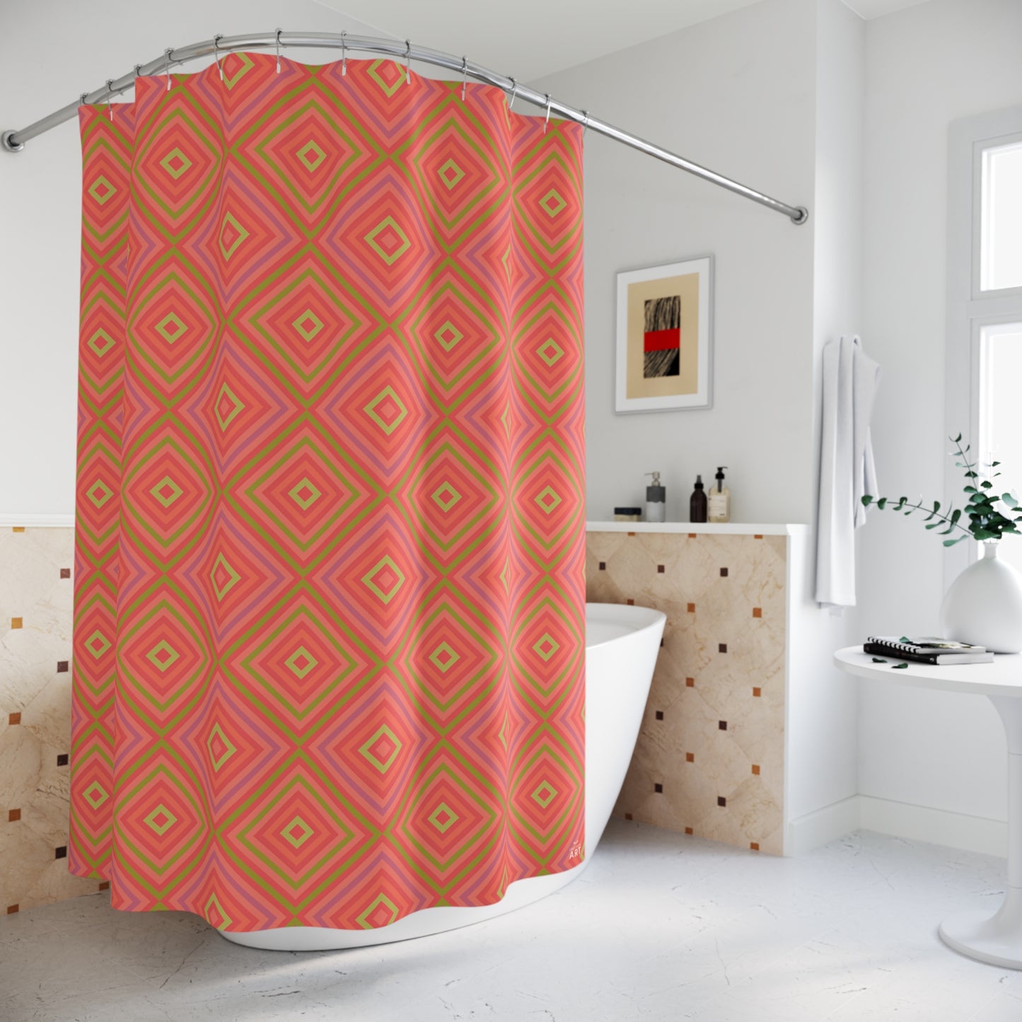 Retro Diamond Geometric Shower Curtain | Pink Coral Green Pattern