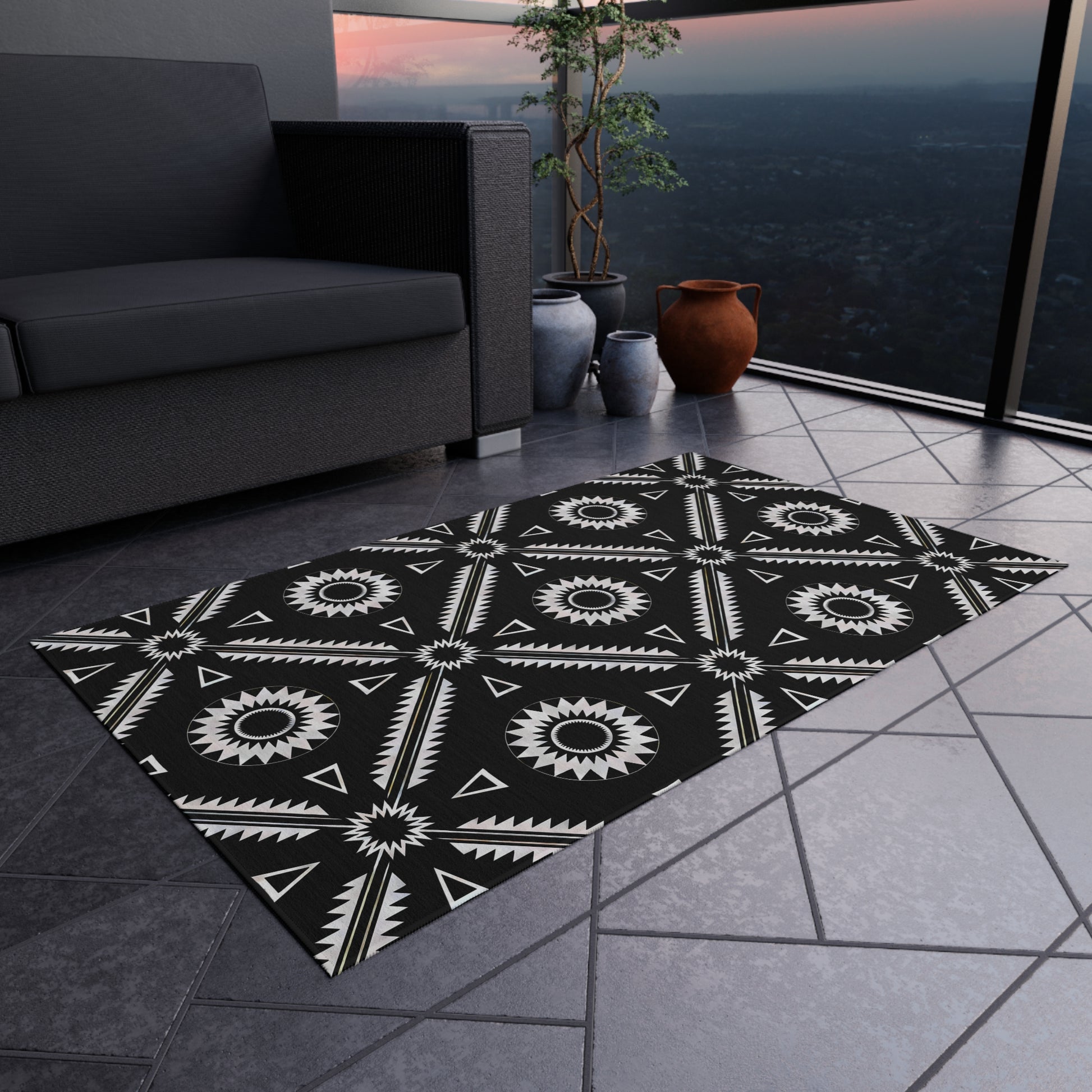 Black and White Southwestern Stylish Outdoor Rug for Patios, Boho Home Decor, Deck Mat, Garden Accent Rug, All-Weather Area Rug - LOLA VEGAS ART