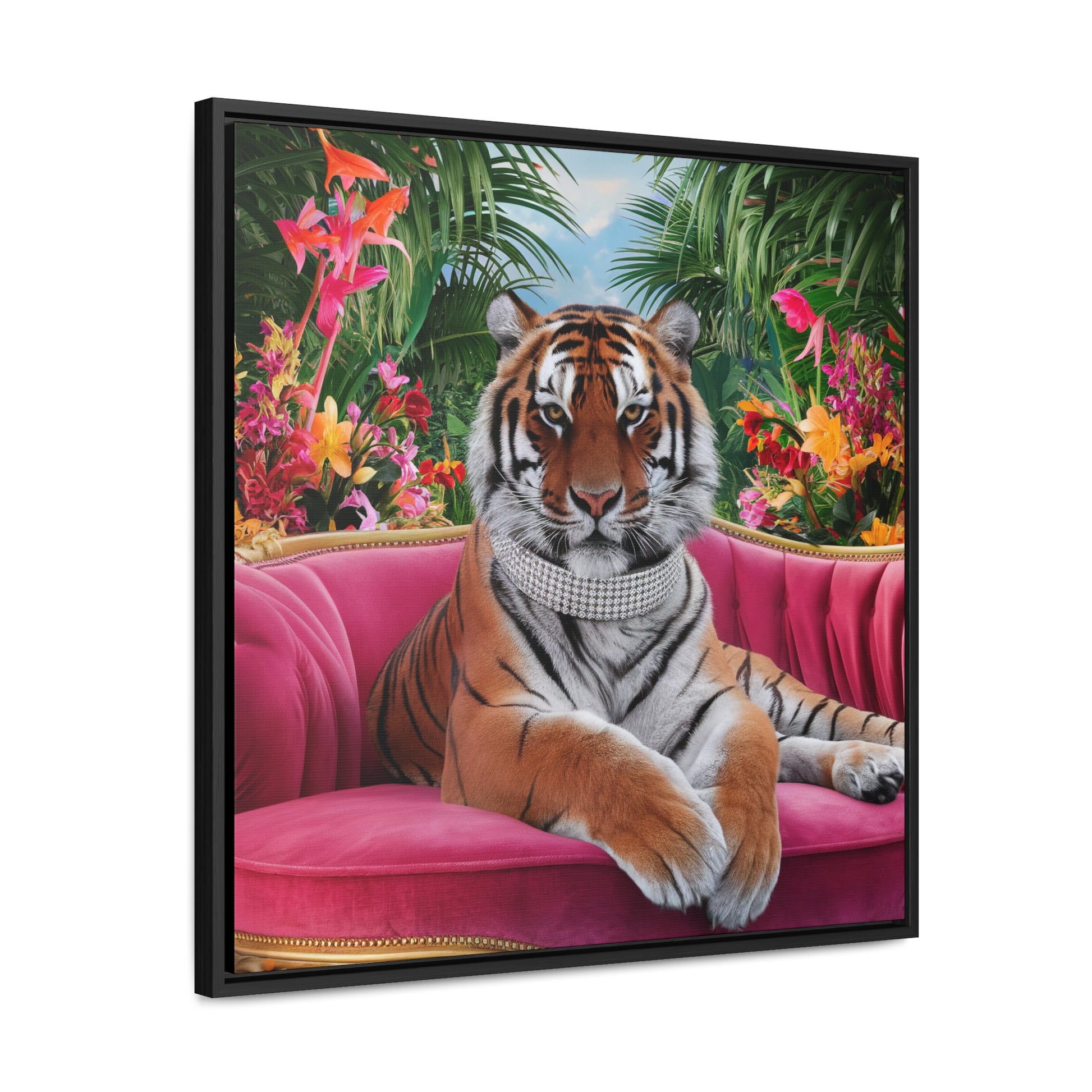 Tiger Square Canvas Wrap Wall Art, Majestic Tropical Flowers Regal Nature Home Decor, Pink Velvet Couch Animal Print, Jungle Theme Room - LOLA VEGAS ART