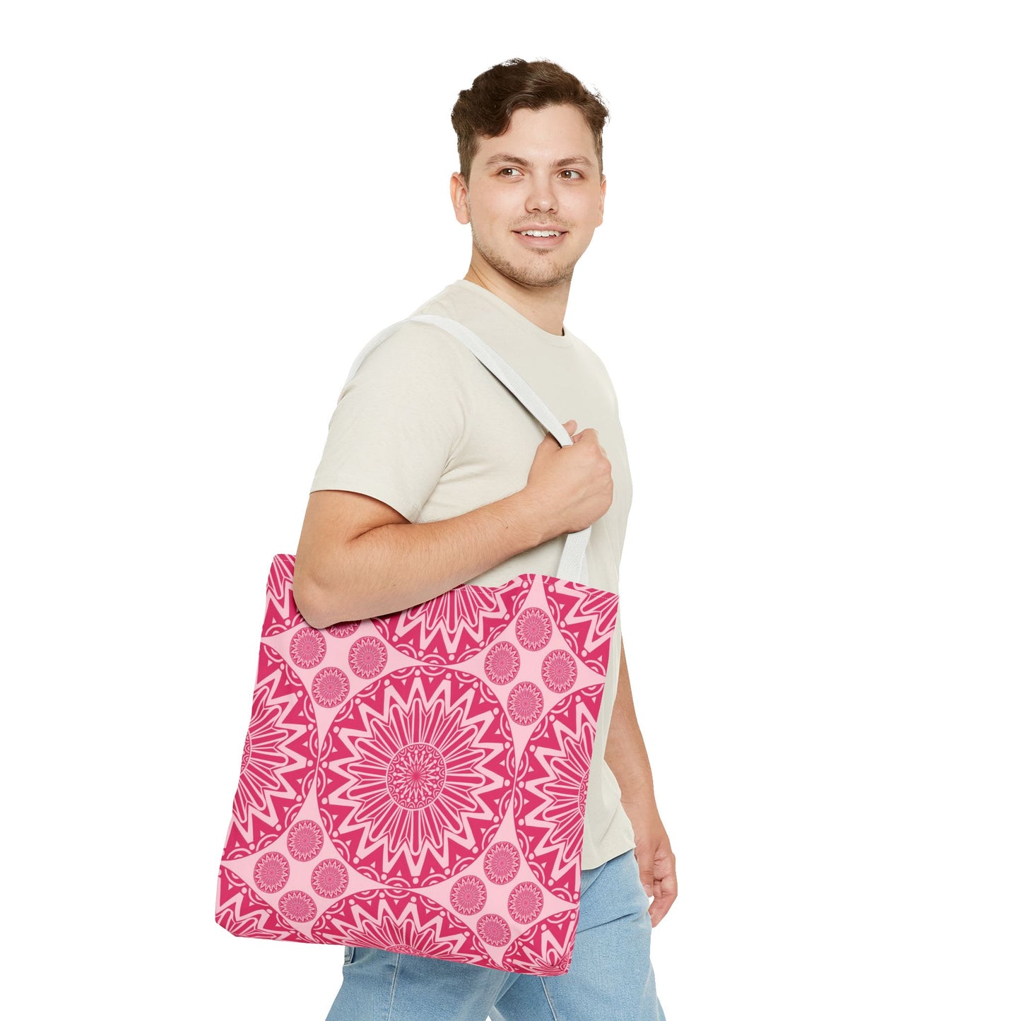 Bohemian Floral Tote Bag, Pink Mandala Shopper, Ec -Friendly Beach Tote, Gift for Her, Travel and Grocery Bag, Hippie Bag - LOLA VEGAS ART
